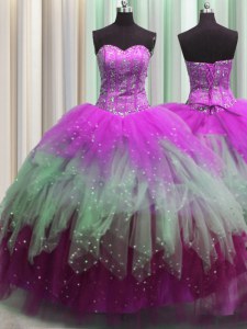 Noble Visible Boning Multi-color Tulle Lace Up 15th Birthday Dress Sleeveless Floor Length Beading and Ruffles and Sequins