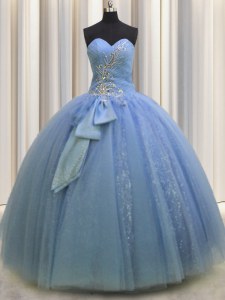 Sleeveless Tulle Floor Length Lace Up 15th Birthday Dress in Light Blue with Beading and Sequins and Bowknot