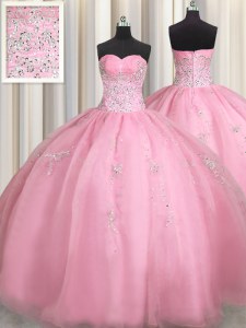 Traditional Rose Pink Sweetheart Neckline Beading and Appliques Quinceanera Gown Sleeveless Zipper