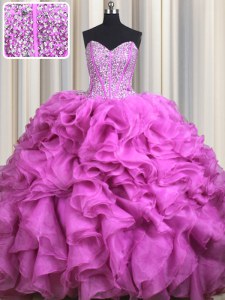 Shining Visible Boning Brush Train Ball Gowns Quinceanera Gowns Fuchsia Sweetheart Organza Sleeveless With Train Lace Up