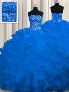 Popular Royal Blue 15th Birthday Dress Strapless Sleeveless Sweep Train Lace Up