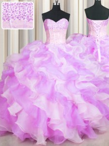 Fancy Visible Boning Two Tone Sleeveless Organza Floor Length Lace Up Sweet 16 Dress in Multi-color with Beading and Ruffles