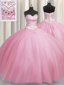 Sweet Bling-bling Big Puffy Rose Pink Sweetheart Neckline Beading Quince Ball Gowns Sleeveless Lace Up