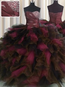 Discount Floor Length Lace Up Quince Ball Gowns Wine Red for Military Ball and Sweet 16 and Quinceanera with Beading and Ruffles and Ruffled Layers