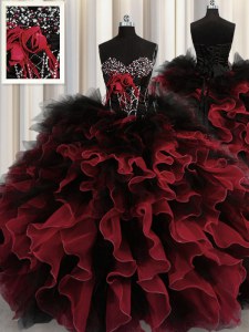 Modern Ball Gowns Quince Ball Gowns Red And Black Sweetheart Organza and Tulle Sleeveless Floor Length Lace Up