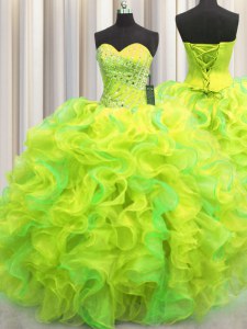 Multi-color Lace Up Sweetheart Beading and Ruffles Ball Gown Prom Dress Organza Sleeveless