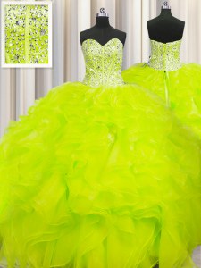 Dynamic Visible Boning Beaded Bodice Yellow Sweetheart Lace Up Beading and Ruffles Quinceanera Gown Sleeveless
