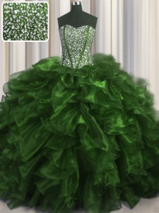 Vintage Visible Boning Olive Green Sleeveless Brush Train Beading and Ruffles With Train 15 Quinceanera Dress