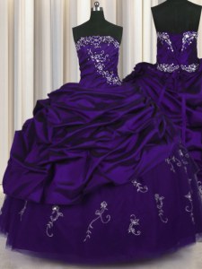 Purple Taffeta Lace Up Ball Gown Prom Dress Sleeveless Floor Length Beading and Embroidery and Pick Ups