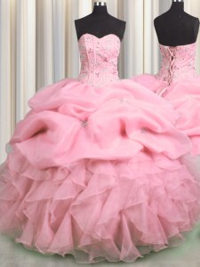 Pick Ups Visible Boning Floor Length Rose Pink Sweet 16 Dress Sweetheart Sleeveless Lace Up