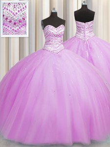 Exquisite Bling-bling Really Puffy Sleeveless Floor Length Beading Lace Up 15th Birthday Dress with Lilac
