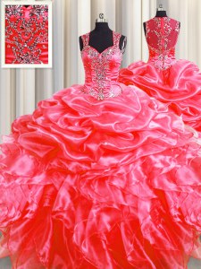 Pick Ups Zipper Up See Through Back Coral Red Sleeveless Sweep Train Beading and Ruffles Floor Length Quinceanera Gown
