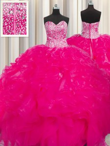 Visible Boning Beaded Bodice Sweetheart Sleeveless Lace Up Quinceanera Gown Hot Pink Organza