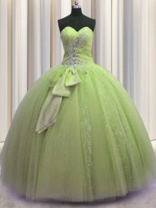 Modest Sleeveless Tulle Floor Length Lace Up Ball Gown Prom Dress in Yellow Green with Beading and Sequins and Bowknot