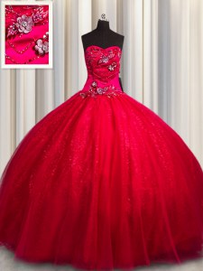 Great Sequined Red Sleeveless Floor Length Beading and Appliques Lace Up Quinceanera Dress