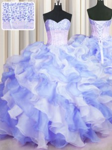 Fancy Two Tone Visible Boning Multi-color Sweetheart Neckline Beading and Ruffles Quince Ball Gowns Sleeveless Lace Up