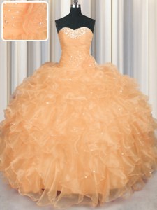 Floor Length Lace Up 15 Quinceanera Dress Orange for Military Ball and Sweet 16 and Quinceanera with Beading and Ruffles