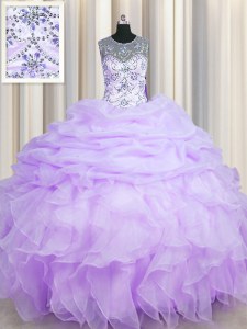 Luxurious Scoop See Through Floor Length Ball Gowns Sleeveless Lavender Quinceanera Gowns Lace Up