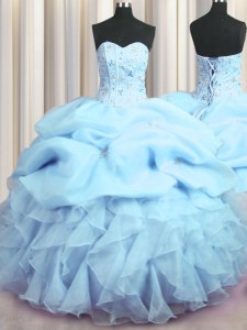Visible Boning Sleeveless Floor Length Beading and Ruffles and Pick Ups Lace Up Quinceanera Gowns with Baby Blue