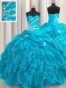 Unique Aqua Blue Organza Lace Up Sweet 16 Dress Sleeveless Floor Length Beading and Appliques and Ruffles