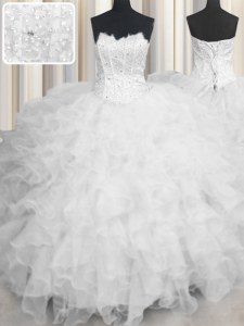 Scalloped Floor Length Lace Up Vestidos de Quinceanera White for Military Ball and Sweet 16 and Quinceanera with Beading and Ruffles