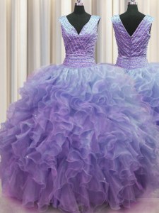 Gorgeous V Neck Zipper Up Floor Length Lavender Quinceanera Dresses Organza Sleeveless Ruffles