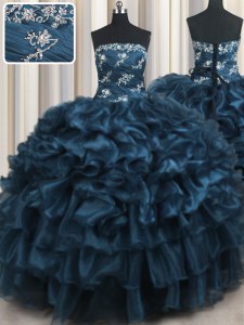 Shining Appliques and Ruffles and Ruffled Layers Quinceanera Gowns Navy Blue Lace Up Sleeveless Floor Length