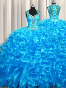 Zipper Up See Through Back Sleeveless Organza With Train Zipper Sweet 16 Dress in Baby Blue with Beading and Ruffles