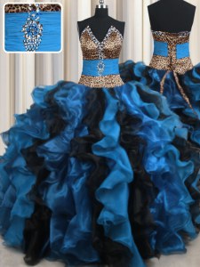 Great Leopard Two Tone Blue And Black V-neck Lace Up Beading and Ruffles Sweet 16 Dresses Sleeveless