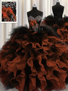 Red And Black Ball Gowns Beading and Ruffles Sweet 16 Dress Lace Up Organza and Tulle Sleeveless Floor Length