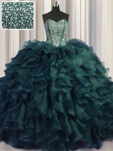 Exquisite Visible Boning Bling-bling Peacock Green Ball Gowns Organza Sweetheart Sleeveless Beading and Ruffles With Train Lace Up 15th Birthday Dress Brush Train