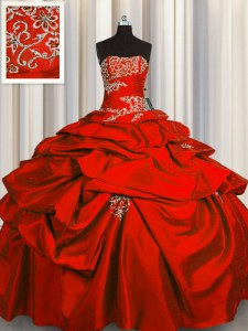 Red Lace Up Strapless Appliques and Pick Ups Sweet 16 Quinceanera Dress Taffeta Sleeveless