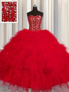 Eye-catching Visible Boning Sleeveless Floor Length Beading and Ruffles and Sequins Lace Up Quince Ball Gowns with Red