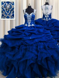 Zipple Up Sequins See Through Back Straps Sleeveless Zipper 15 Quinceanera Dress Royal Blue Organza