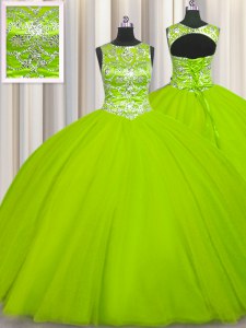 Custom Designed Scoop Yellow Green Sleeveless Floor Length Beading Lace Up 15th Birthday Dress