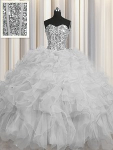 Lovely Visible Boning Floor Length Lace Up Sweet 16 Dress Grey for Military Ball and Sweet 16 and Quinceanera with Beading and Ruffles and Sequins