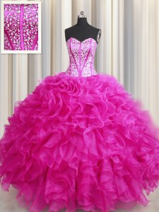 Latest Visible Boning Bling-bling Hot Pink Ball Gowns Organza Sweetheart Sleeveless Beading and Ruffles Floor Length Lace Up 15 Quinceanera Dress