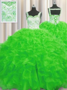 Inexpensive Ball Gowns Organza Straps Sleeveless Beading and Ruffles Floor Length Lace Up Quinceanera Dresses