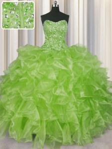 Fine Visible Boning Yellow Green Sleeveless Beading and Ruffles Floor Length Quinceanera Dresses