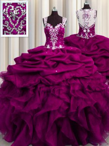 See Through Back Organza Sleeveless Floor Length Quinceanera Dresses and Beading and Ruffles and Sequins