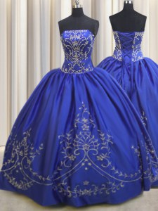 Custom Fit Chiffon Strapless Sleeveless Lace Up Beading and Embroidery Quince Ball Gowns in Royal Blue