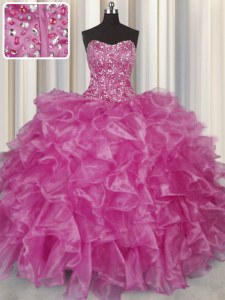 Edgy Visible Boning Beading and Ruffles Quinceanera Dresses Fuchsia Lace Up Sleeveless Floor Length