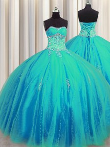 Big Puffy Aqua Blue Ball Gowns Tulle Sweetheart Sleeveless Beading and Appliques Floor Length Lace Up Ball Gown Prom Dress