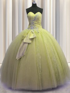 Sequins Bowknot Ball Gowns Quinceanera Gown Light Yellow Sweetheart Tulle Sleeveless Floor Length Lace Up