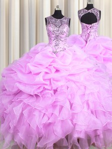 Scoop See Through Sleeveless Floor Length Beading and Ruffles and Pick Ups Lace Up Sweet 16 Dress with Lilac