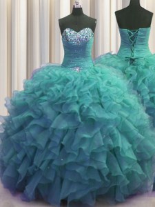 Sumptuous Beaded Bust Organza Sweetheart Sleeveless Lace Up Beading and Ruffles 15th Birthday Dress in Turquoise