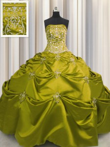 Excellent Embroidery Floor Length Olive Green Quinceanera Gowns Strapless Sleeveless Lace Up