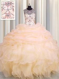 Eye-catching Scoop See Through Peach Sleeveless Floor Length Beading and Ruffles and Pick Ups Lace Up Vestidos de Quinceanera