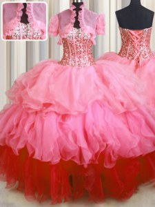 Visible Boning Bling-bling Beading and Ruffled Layers Quinceanera Dresses Rose Pink Lace Up Sleeveless Floor Length