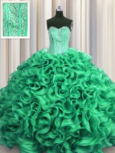 Top Selling Visible Boning Turquoise Organza Lace Up Sweetheart Sleeveless Floor Length Ball Gown Prom Dress Beading and Ruffles